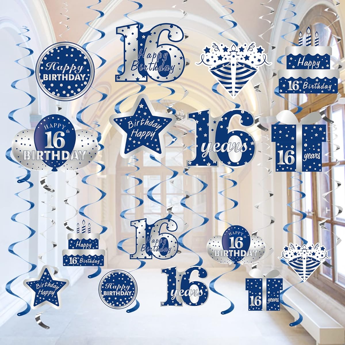 Blue Silver 16th Birthday Hanging Swirl Decorations for Boys - 16pcs Happy 16th Birthday Foil Swirl Party Supplies 16th Birthday Hanging Ceiling Decor