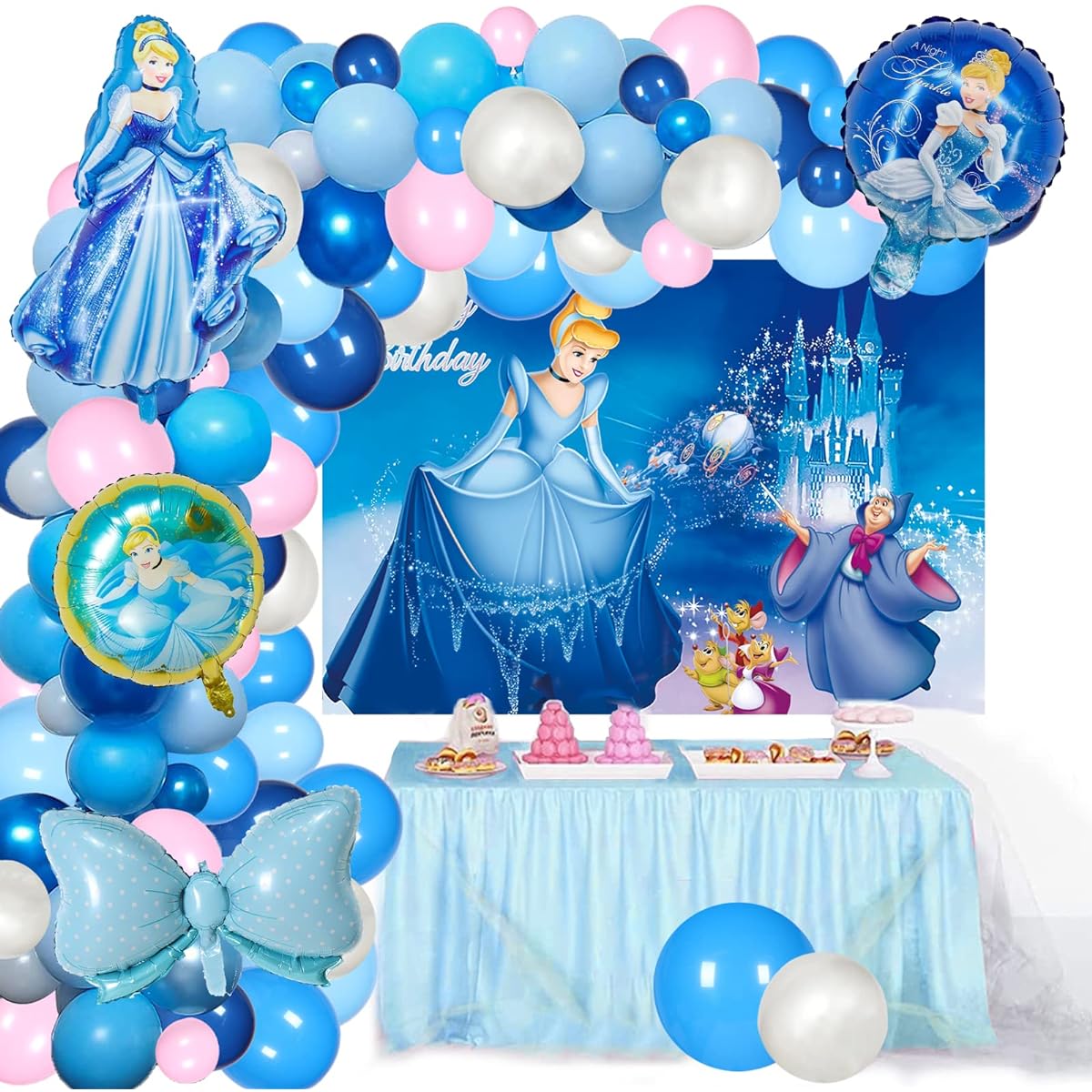108pcs Cinderella Theme Party Decorations Balloon Garland Set, Cinderella Birthday Party Supplies Happy Birthday Background, 100pcs Latex Balloons, 5pcs Foil Balloons for Kids Birthday Party
