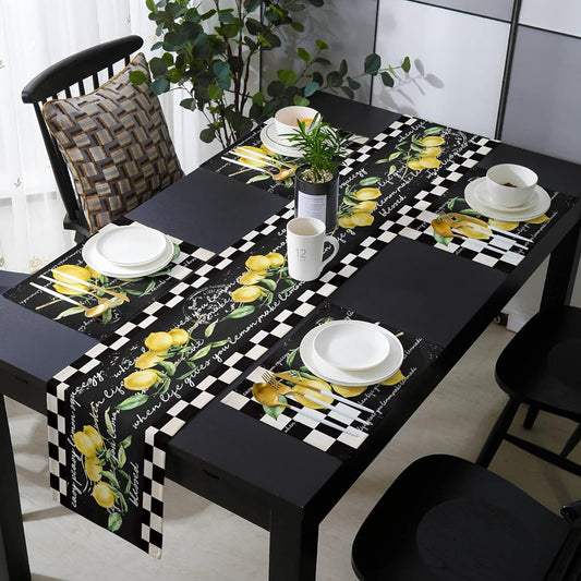 ARTSHOWING Farm Table Runner Placemats Set of 4 for Kitchen Dining Table Retro Lemon Black and White Check Heat Resistant Washable Cotton Linen Placemats for Holiday Parties