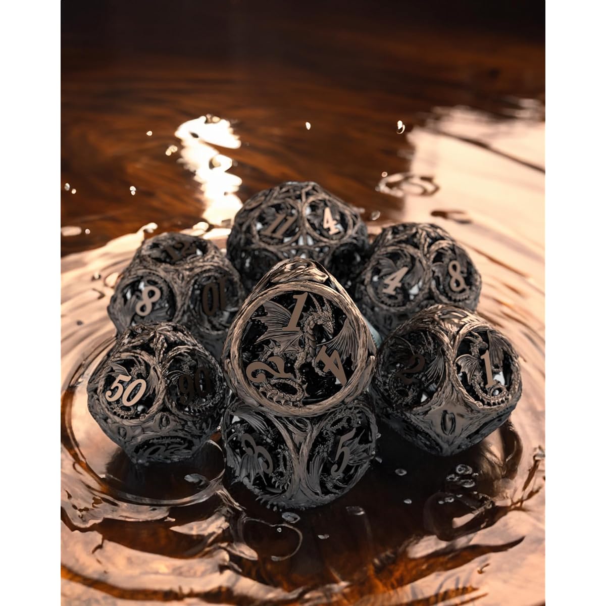 JOYLORD Metal DND Dice Set - Unique Hollow Tree Vine Border and Dragon Pattern Design - Beautiful Metal Dice Set for RPG Games - Great Dungeons and Dragons Dice Set