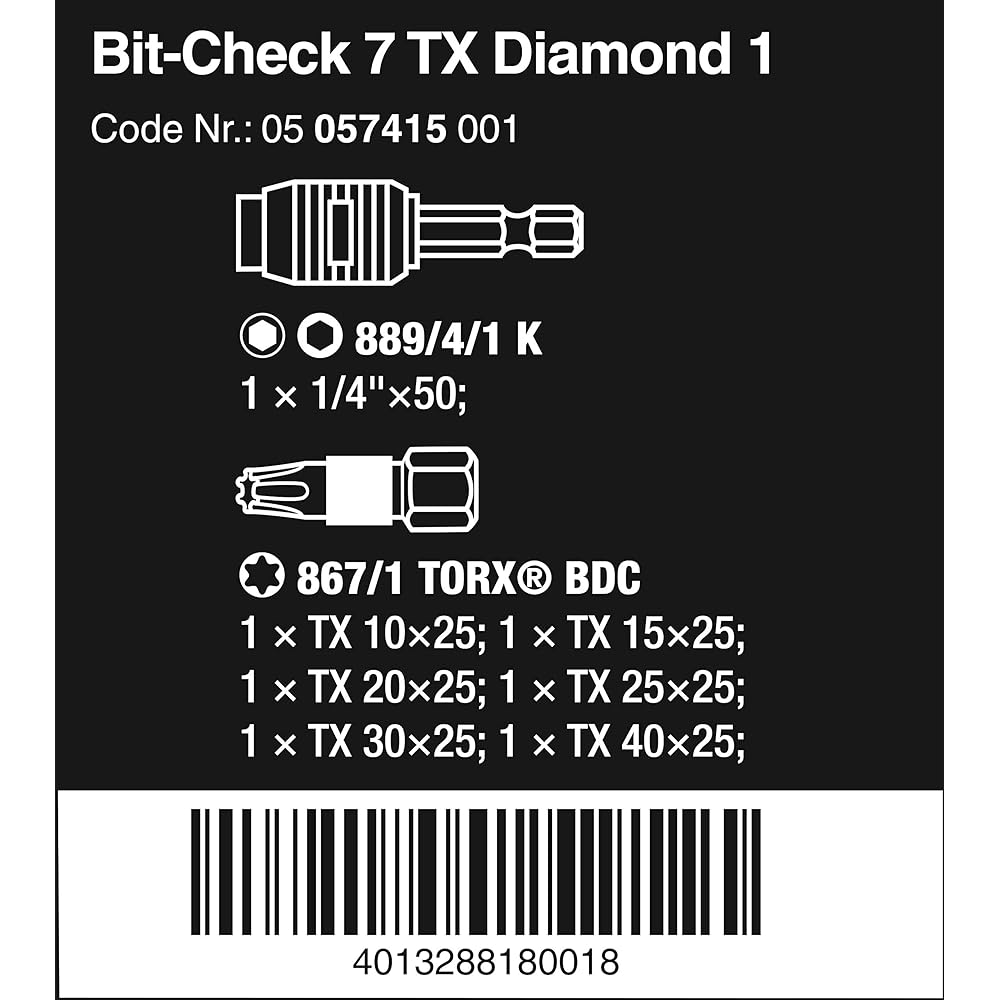Wera Bit Torsion Diamond Bit Check 6 Pieces Rapidaptor 057415