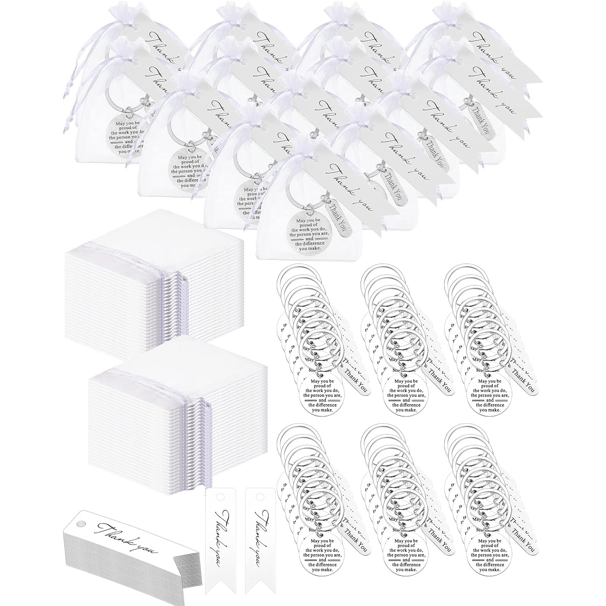 300 Employee Appreciation Gifts, Bulk Gifts for Coworkers, 100 Inspirational Employee Appreciation Keychains, 100 Thank You Cards and 100 Organza Bags for Office Teachers and Nurse Teams (Silver)