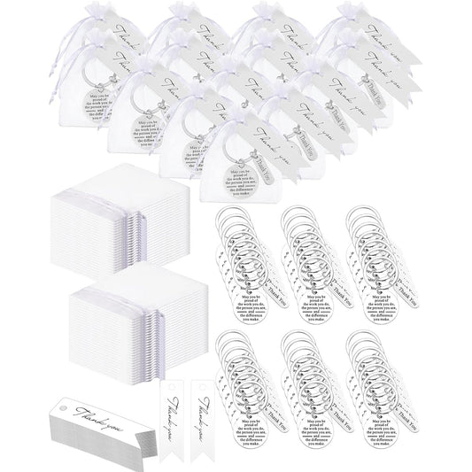 300 Employee Appreciation Gifts, Bulk Gifts for Coworkers, 100 Inspirational Employee Appreciation Keychains, 100 Thank You Cards and 100 Organza Bags for Office Teachers and Nurse Teams (Silver)