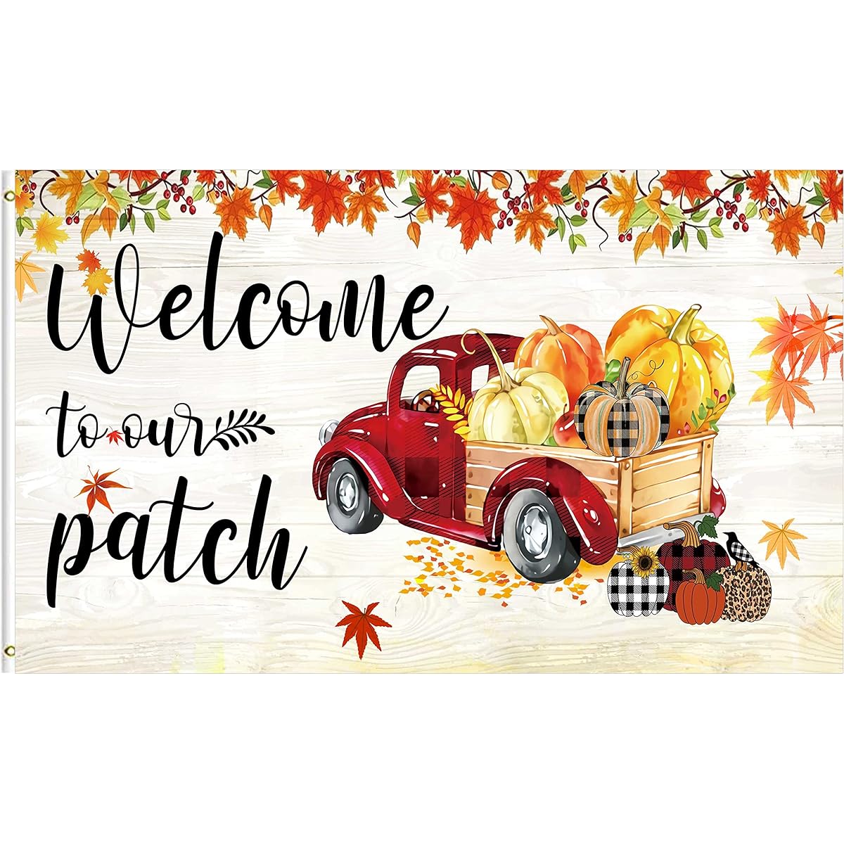 FLCHWY Welcome to Our Patch Large Banner Happy Fall Banner Autumn Harvest Pumpkin Maple Leaf Flags Holiday Party Canvas Header Polyester Outdoor Decor with 4 Brass Grommets 8.2x1.64ft