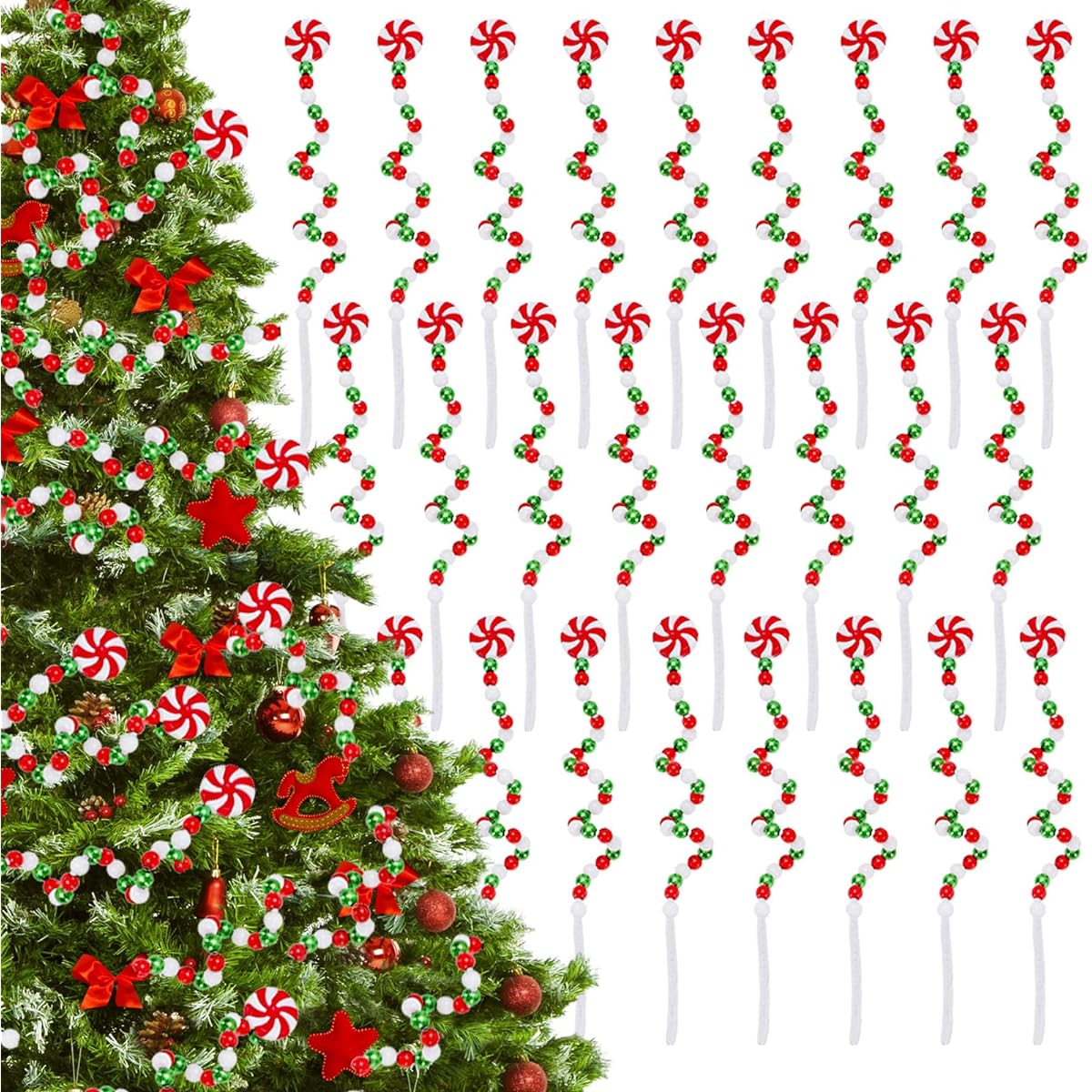 Whaline 36 Pieces Christmas Curly Picks Candy Style Christmas Tree Picks Red White Green Christmas Tree Toppers Ornaments Winter Holiday Home Office Party Decor 8.7 Inch