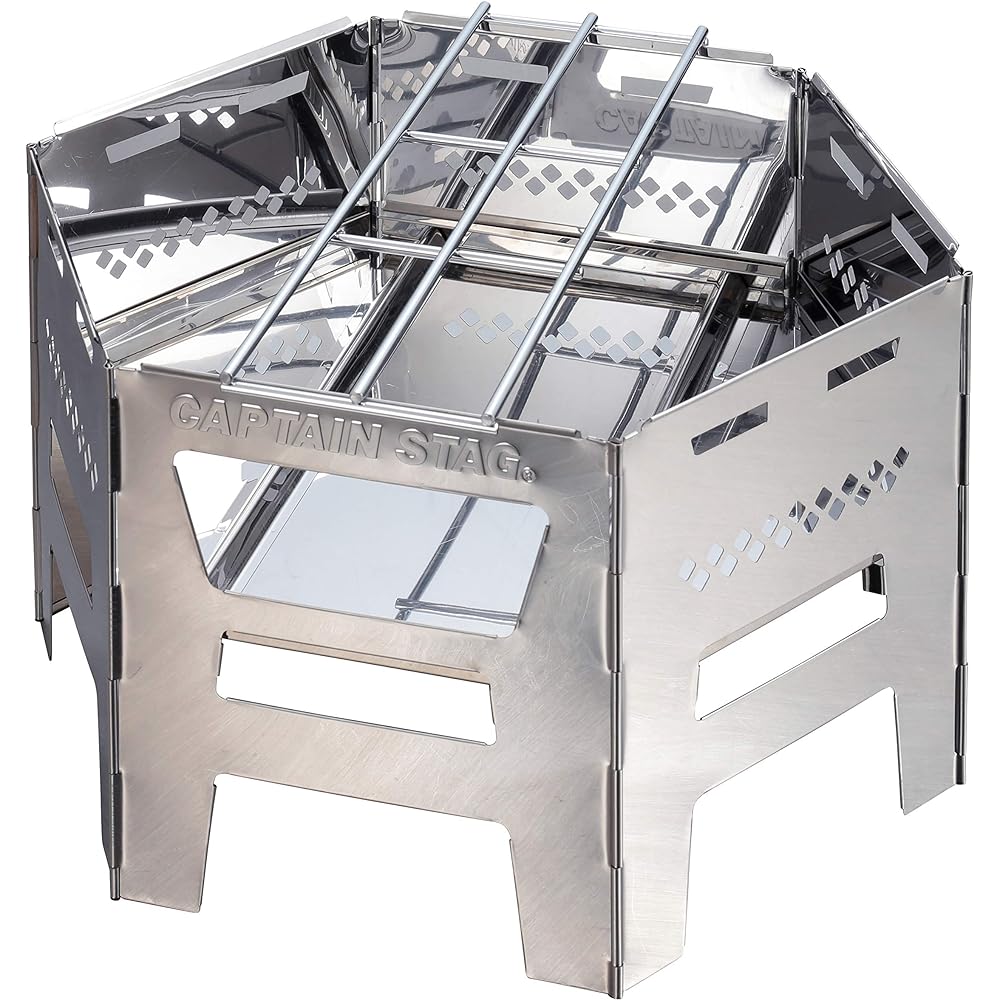 CAPTAIN STAG Barbecue Stove Bonfire Stand Dutch Oven Cooking 4 in 1 Hexa Stainless Steel Kamado Grill with Spout, Trivet and Bag UG-73 Silver Assembled Size: (Approx.) Width 450 x Depth 390 x Height 260 mm