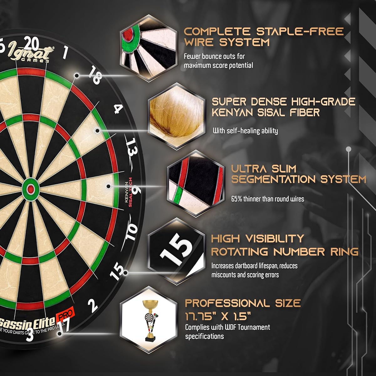 IgnatGames Professional Dartboard Set - Bristol/Sisal Tournament Dartboard with Fully Staple-Free Ultra-Thin Wire Spider + 6 Professional Steel Tip Darts + Dart Accessories + Darts eBook