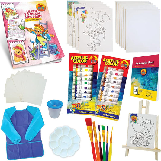 Drawing and Painting Learning Kit, Drawing Booklet, Canvas Set, Artist Palette, Painter Apron, Paint Brushes, Brush Cleaning Cup, Table Top Easel, 24 Colorful Acrylic Paints, 58 Piece Set