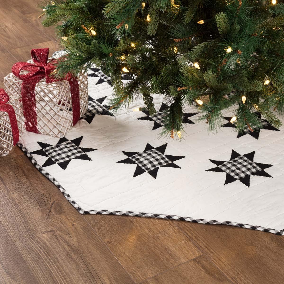 VHC Brands Holiday Decorations Emmie Patchwork Tree Skirt, 60", Bright White