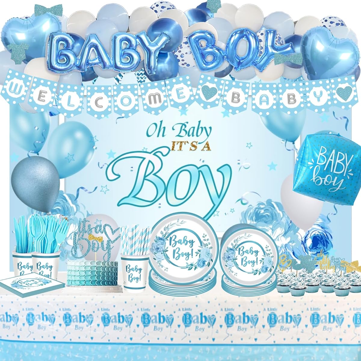 Hombae Baby Shower Decorations for Boy, Blue Baby Shower Decorations Its a Boy Backdrop, Balloons, Garland, Banner, Box, Cutouts, Tablecloth, Cake, Cupcake Toppers, Plates, Napkins, Straw Cups, Knives, Forks, Spoons, 221pcs
