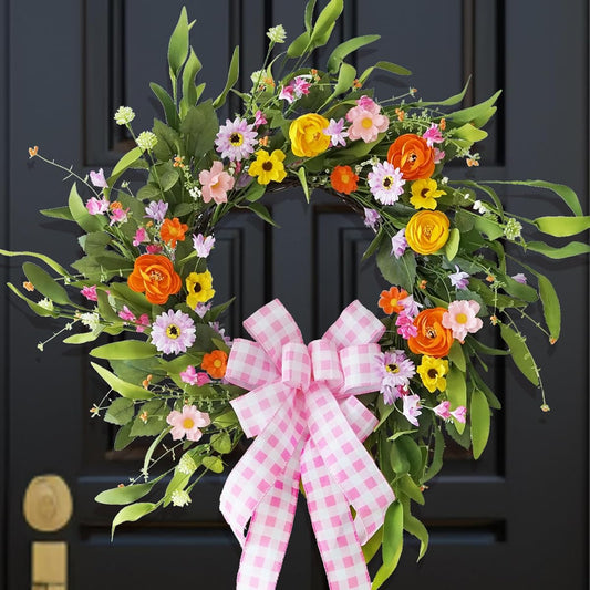 Wreathqueen 22" Spring Wreath for Front Door, Real and Durable Artificial Silk Summer Flowers, Handmade Front Door Wreath, Pink Ribbon and Wildflowers, Greenery, Indoor Outdoor Wreath Decor