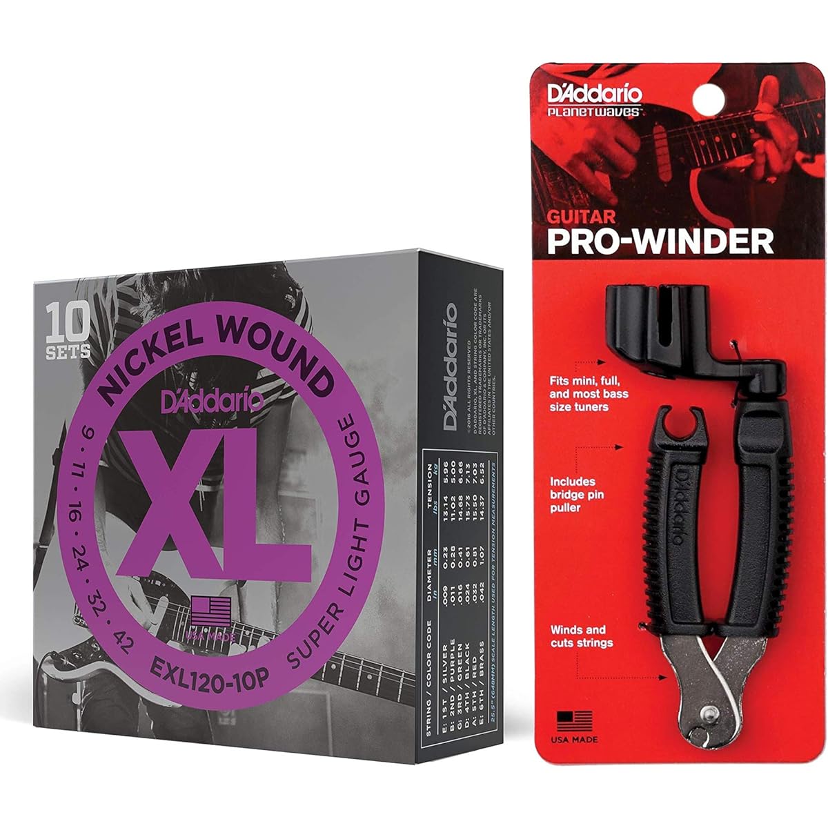 D'Addario SuperLight Nickel Electric Guitar Strings .009-.042 EXL120-10P 10-pack + Planet Waves String Winder with Nippers for Guitar