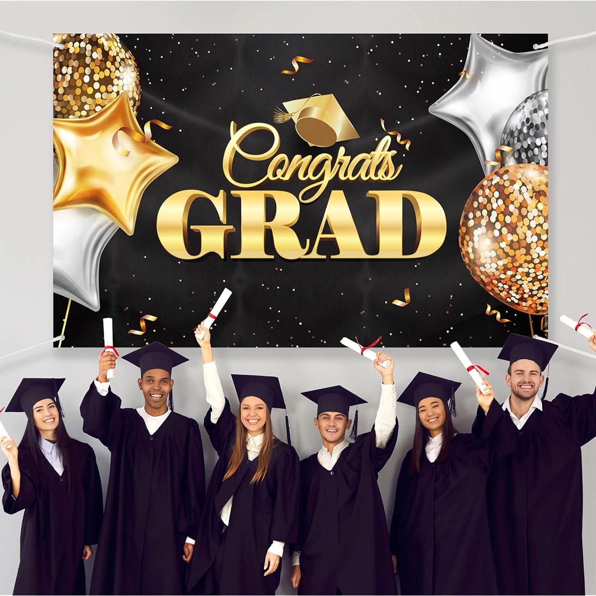 HOUSE OF PARTY Congrats Grad Backdrop - 72x44 Inch Black and Gold Graduation Decoration for Class of 2024 Congratulations Banner Photo Booth Backdrop