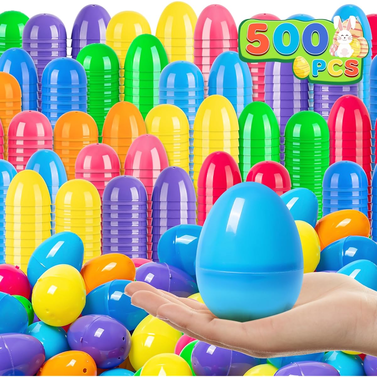 V-Opitos Plastic Easter Eggs 500pcs 3.14" Bulk Empty Easter Eggs 8 Colors Hinged Fillable Eggs for Easter Egg Hunt Surprise Eggs Basket Stuffers Easter Party Favors for Kids