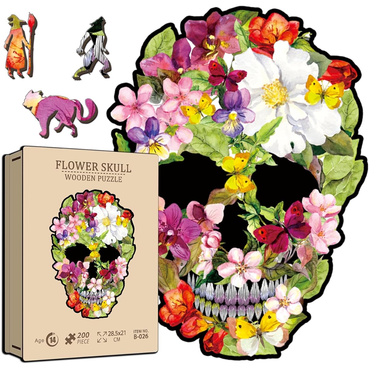 PICKFORU Flower Skull Wooden Jigsaw Puzzle for Adults 200 Pieces Horror Halloween Puzzle Skull Decor Cool Wooden Puzzle Unique Shape