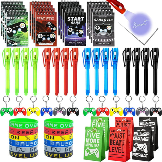 80pcs Video Game Party Favors Party Supplies Invisible Ink Pens Notebooks Silicone Bracelets Gift Paper Bags Video Game Controller Keychain Birthday Supplies for Kids Gamer Party Favors Game Stuffer Bags