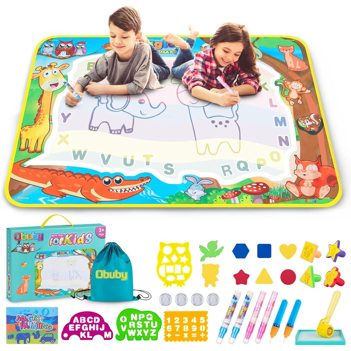 Obuby Aqua Magic Mat for Kids Doodle Mat Water Drawing Writing Board Toys for Kids Toddlers Animals Educational Painting Pad Toys Ages 3 4 5 6 7 8 9 10 11 12 Years Old Girls Boys Toddlers Gifts 40 x 28 Inch