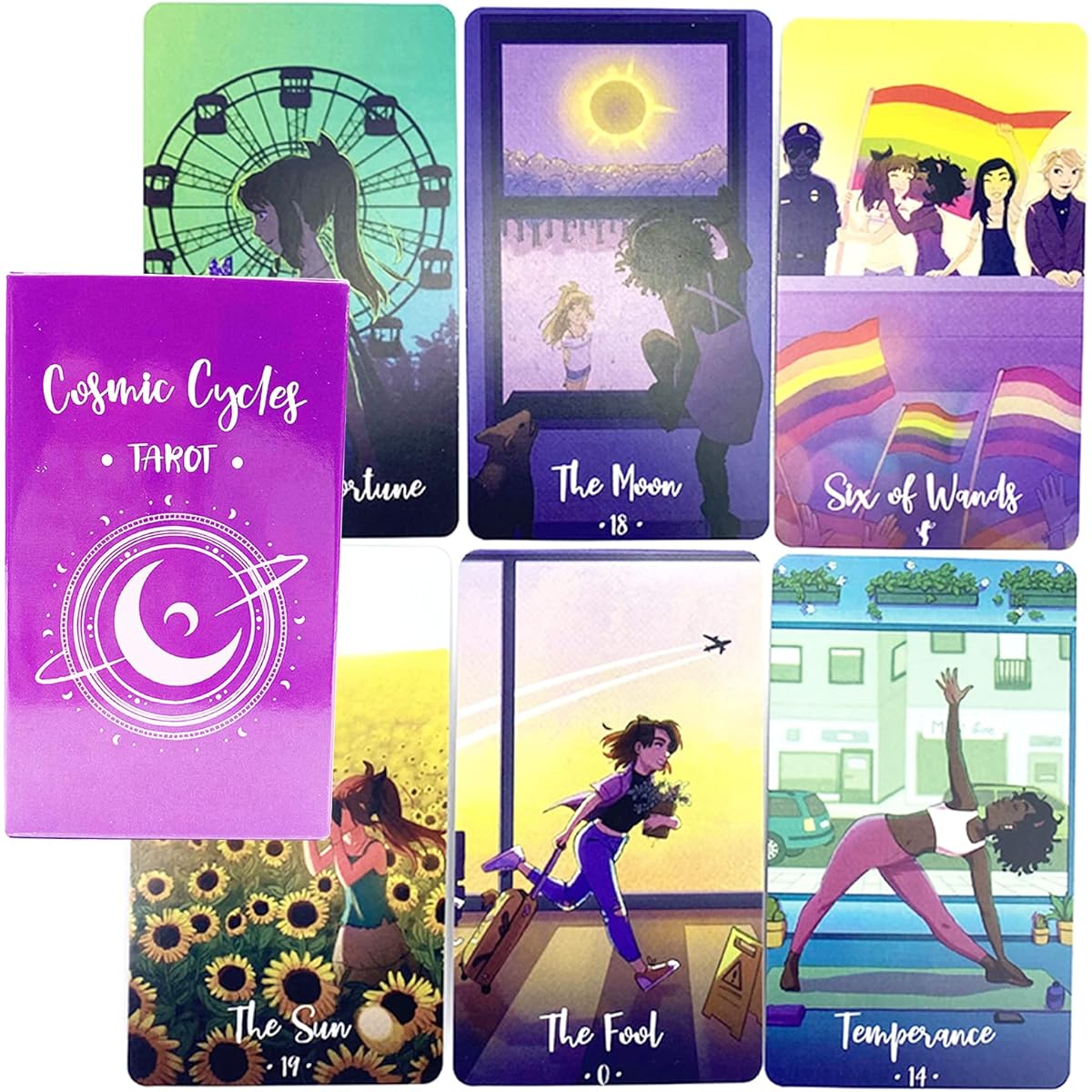 mrdiyshisha Cosmic Cycles - Modern Tarot Deck with Associated Characters, 78 Pocket Edition Tarot Cards (Size: 4.06" x 2.36" / 103mm x 60mm)