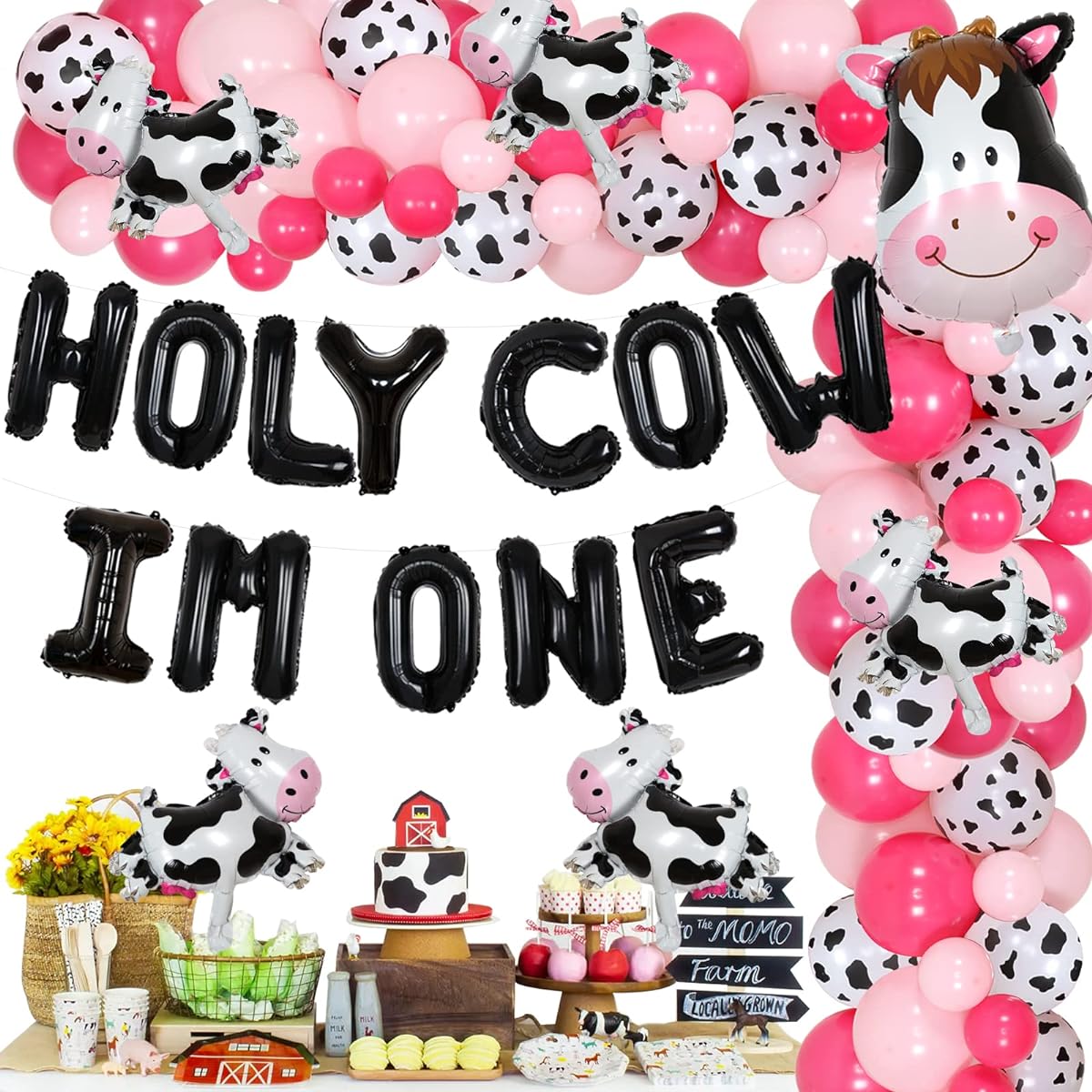 Cow 1st Birthday Decorations Hot Pink for Girls Holy Cow I'm One Banner - Cow Balloon Garland with Arch, Cow Head and Mini Cow Balloons for Farm Animals First Birthday Party Supplies