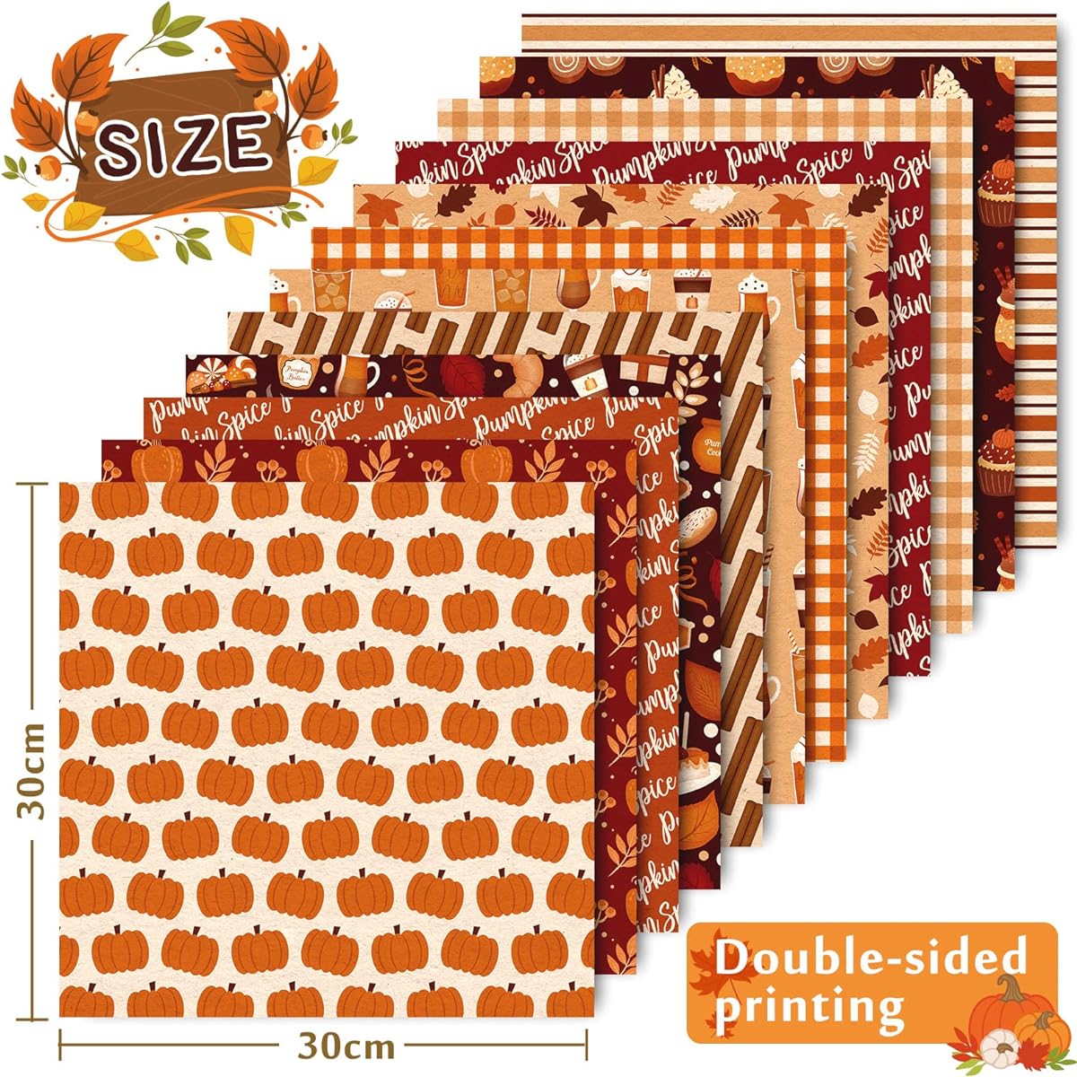 Whaline 24 Sheets Autumn Pattern Paper 30x30cm Maple Leaf Pumpkin Drink Plaid Double Sided Scrapbook Specialty Paper DIY Decorative Background Card Making Photo Album Junk Journal Decoration