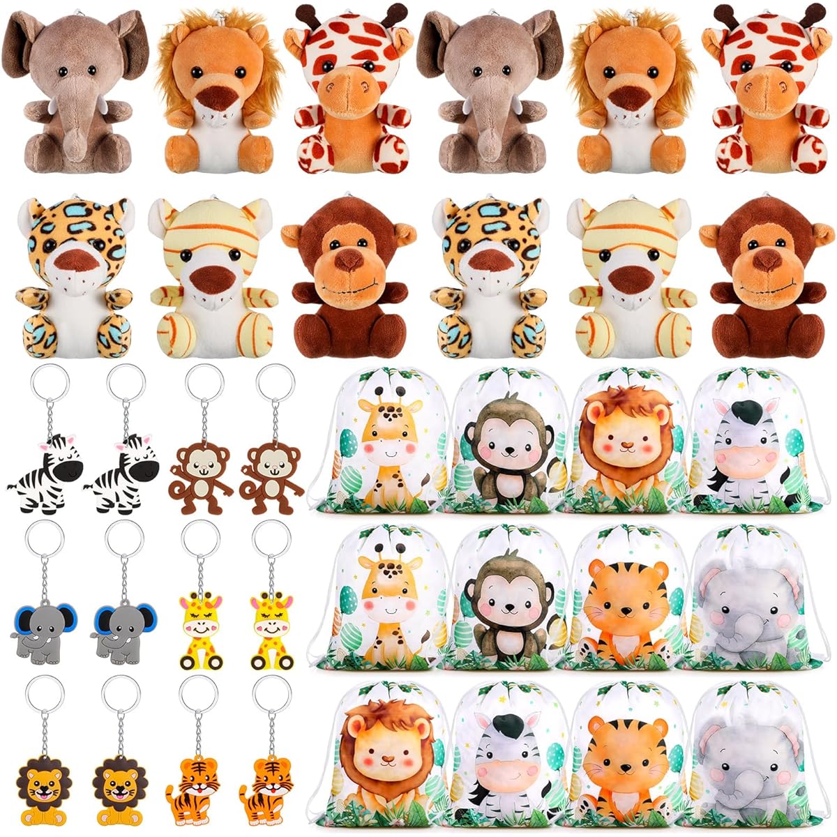 Ctosree 12pcs Jungle Safari Party Favors, Jungle Party Decorations, Safari Animal Keychains, Animal Theme Drawstring Backpack, Jungle Plush Toys for Goodie Bag Fillers, Safari Theme Party Supplies