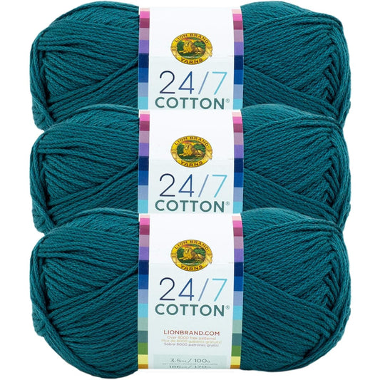 Lion Brand 24/7 Cotton Yarn for Knitting, Crocheting, Crafts, Dragonfly, 3 Pack