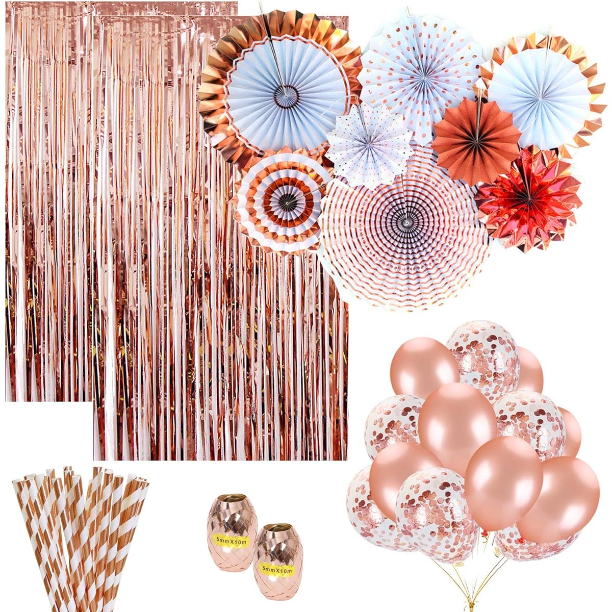 Fascola Rose Gold Party Decorations (25) Rose Gold Paper Straws (10) Rose Gold Paper Balloons (10) Rose Gold Balloons (8) Paper Fans (2) Rose Gold Foil Fringe Curtains Rose Gold Decorations Rose Gold Birthday Decorations Rose Gold Wedding Decorations