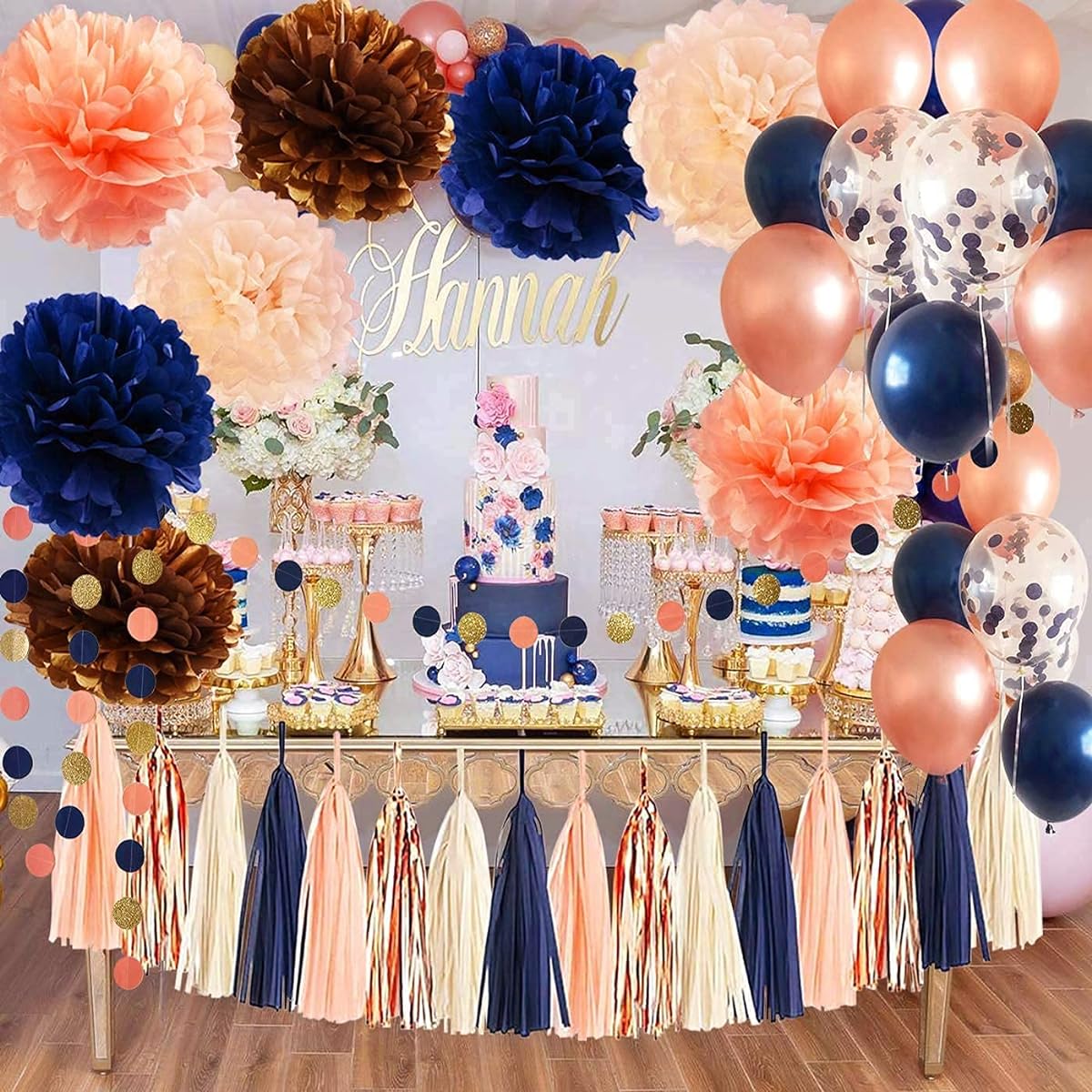 Gender Reveal Party Decorations Navy Rose Gold Birthday Decorations for Women Navy Peach Bridal Shower Decorations Champagne Gold Wedding/Navy Rose Gold Confetti Balloons Bachelorette Party Decorations