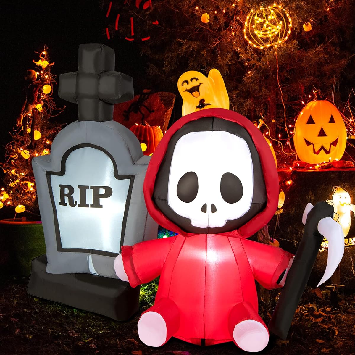 Tangkula 5ft Inflatable Halloween Haunted Scythe and Tombstone Creepy Explosive Halloween Decoration with LED Lights, 4 Ground Stakes, 2 Ropes, Indoor Outdoor Holiday Decorations for Garden and Lawn
