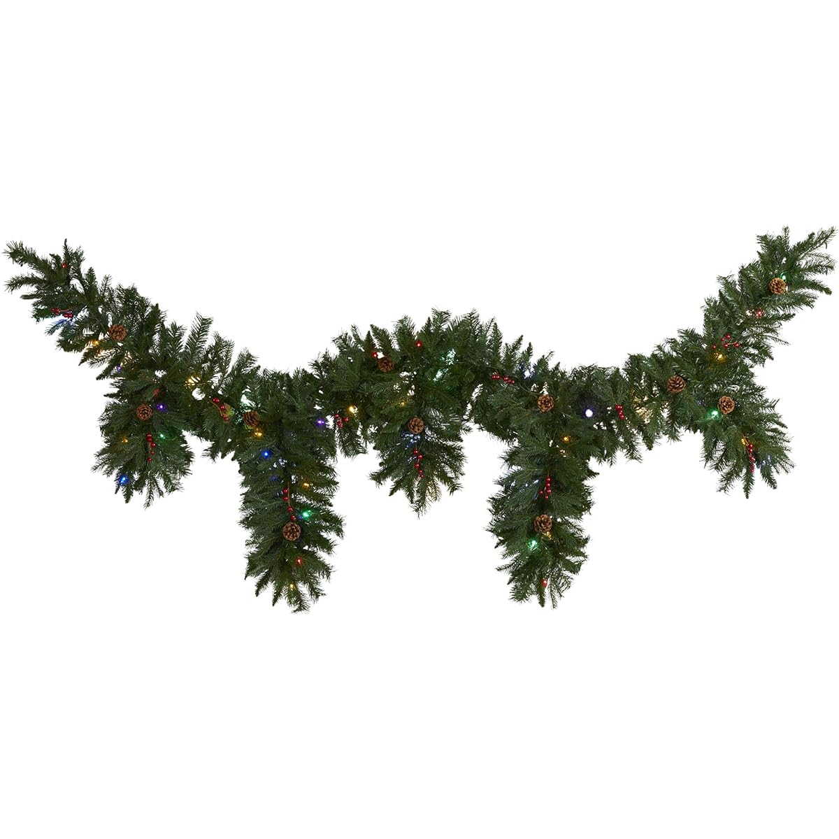 Nearly Natural 9' x 12" Hanging Icicle Artificial Christmas Garland with 50 Multi-Colored LED Lights, Berries, Pine Cones, Green