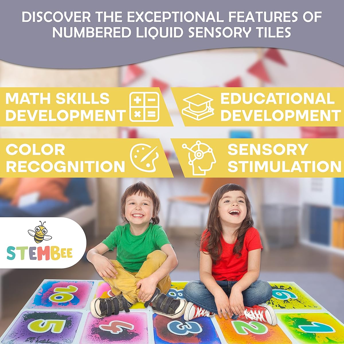 STEMBee Liquid Sensory Tiles 10 Pack | 12" x 12" Educational Activity Play Mat for Kids | Sensory Mat | Early Childhood Educational Materials | Sensory Toys for Kids | Early Childhood Learning Toys