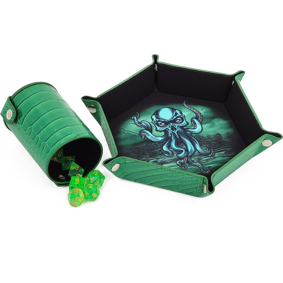 CASEMATIX Foldable Dice Rolling Tray and Professional Dice Cup Shaker Set Portable DND Dice Tray and Felt Cup Dice Shaker PU Leather Material Full Color Arena Print Foldable Design
