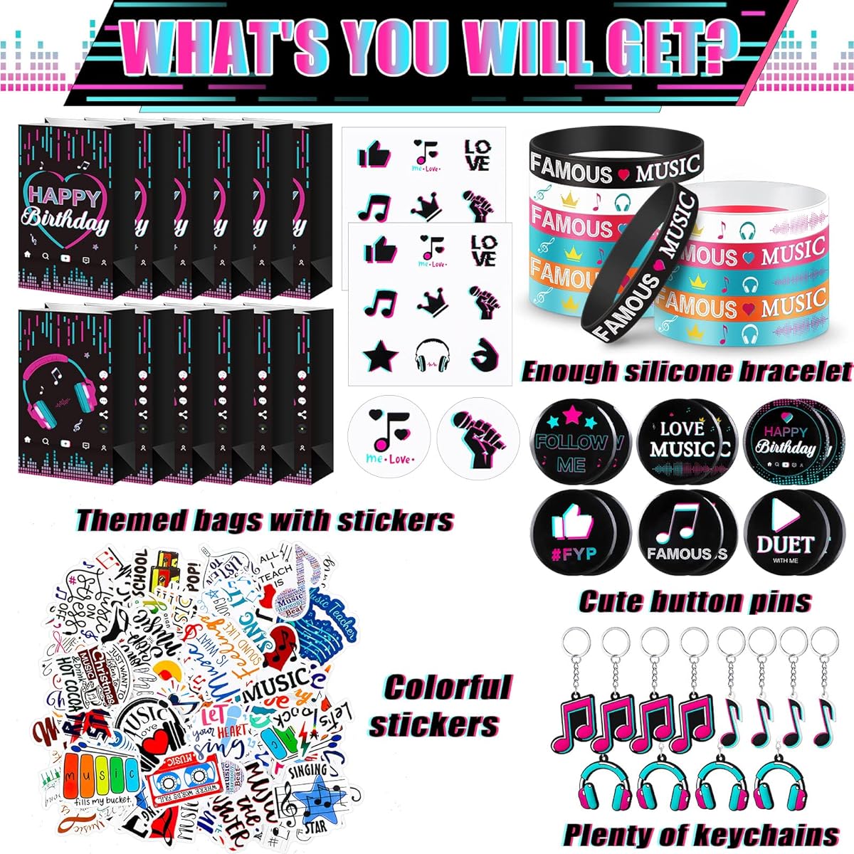 Music Party Favors, Music Party Gift Bags with Seal Stickers, Silicone Bracelets, Music Keychains, Pin Badges, Waterproof Music Stickers for Teens, Social Media, Birthday Party Favors (232 Pieces)