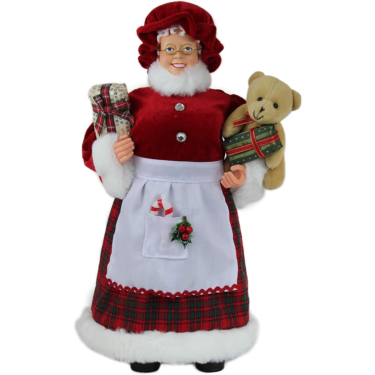 Teddy Bear Present & Candy Cane 16" Mrs. Claus Christmas Figure Decoration 160042