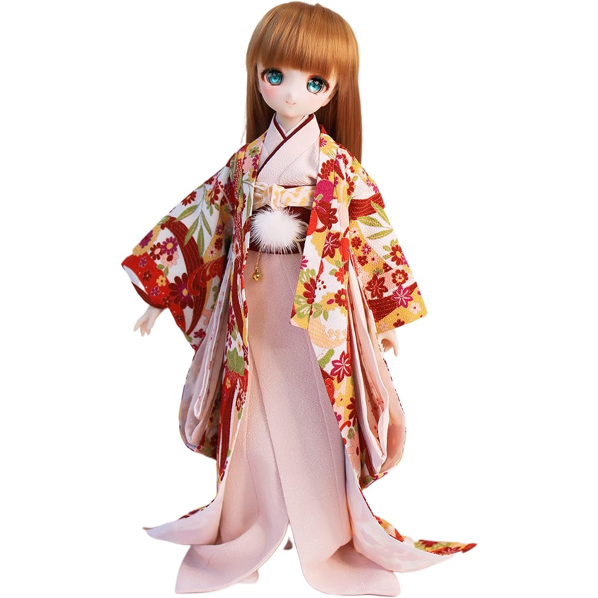 [Petite Marie] 1/3 MDD DDP compatible formal wear 9-piece set (uchikake, kimono, under-kimono, obi, obiage, obijime, 2 waist strings, fur decoration, tabi) Wave small flower red Japanese pattern kimono 40cm doll BJD doll clothes [Petite Marie] [No.0179]