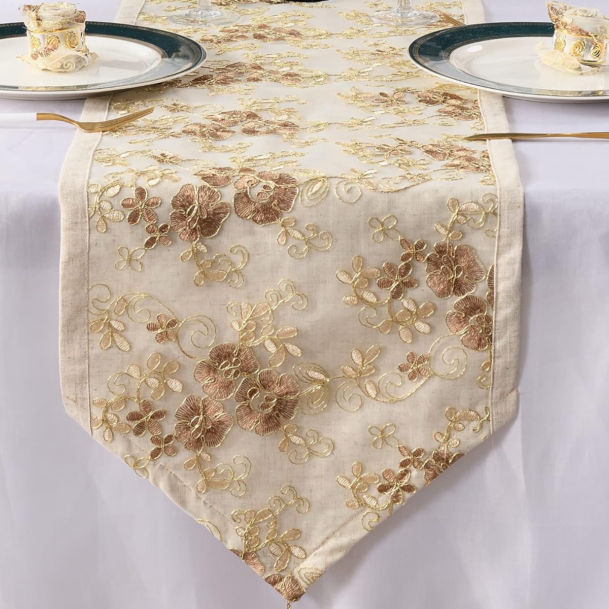 Sylvia Wu Gold Table Runner 90" Long Rustic Burlap Table Runner Macrame and Floral Embroidered Table Runner Modern Farmhouse Boho Dining Bedroom Decor Dresser Runner (14" x 90")