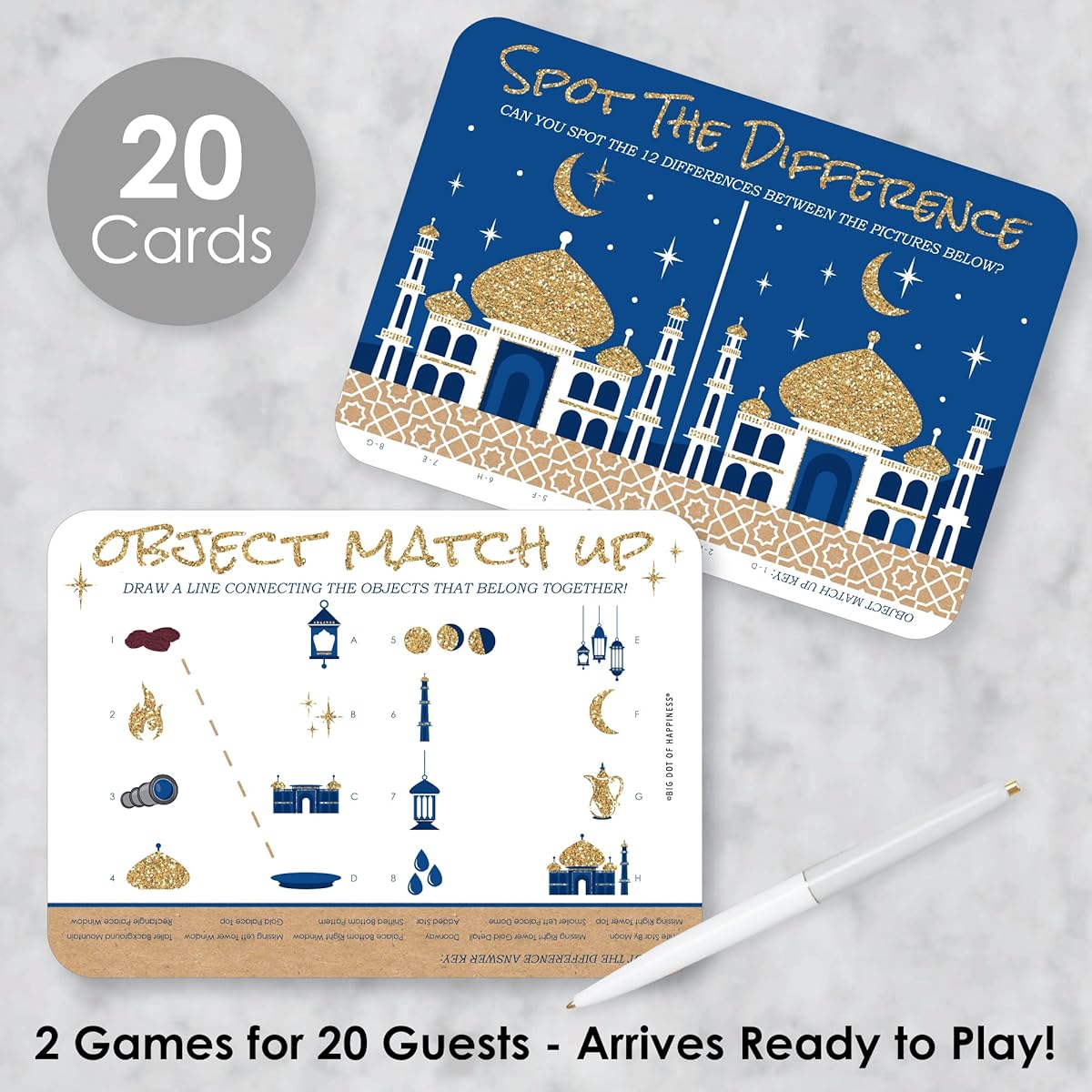 Big Dot of Happiness Ramadan - 2-in-1 Eid Mubarak Party Cards - Activity Duo Game - Set of 20
