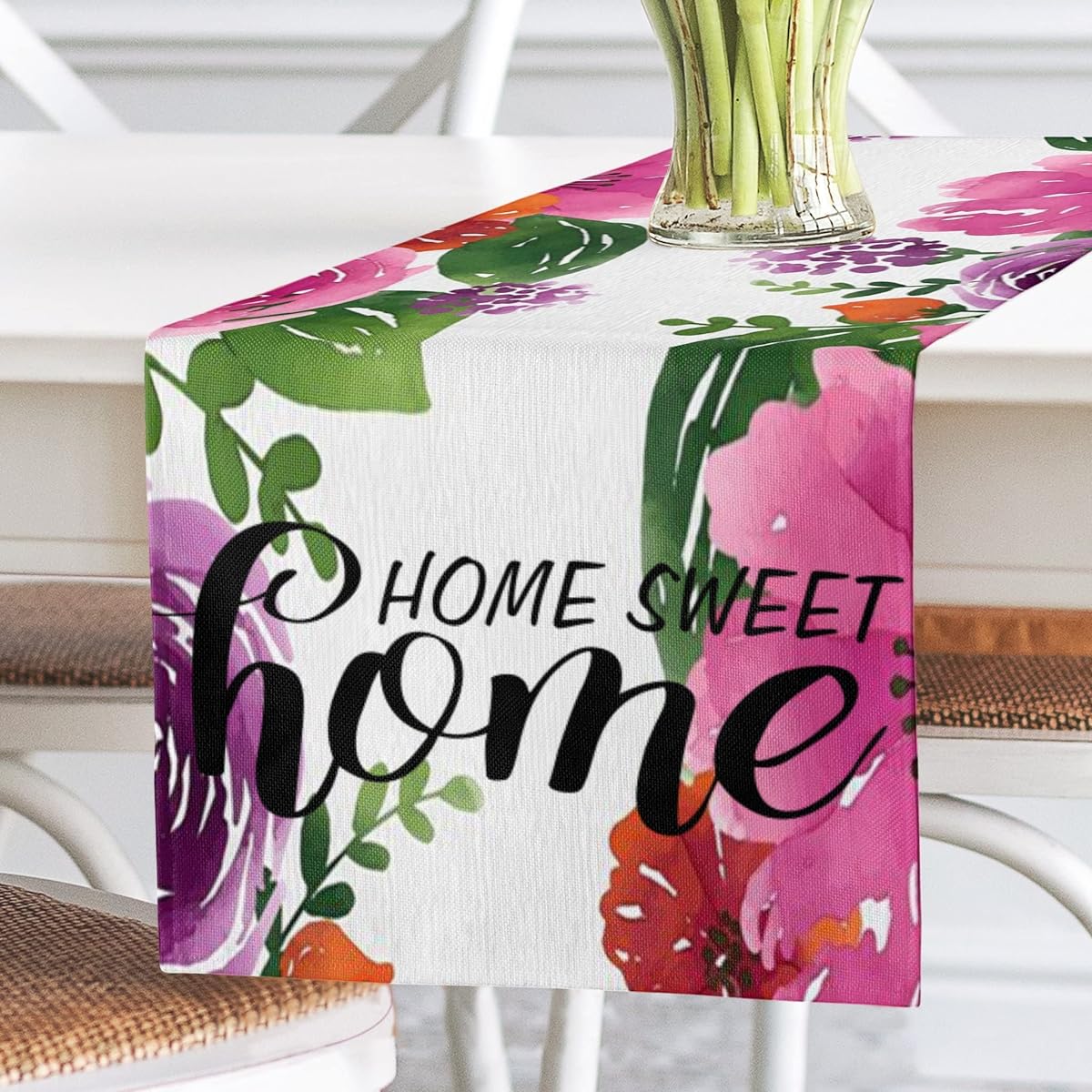 Farmhouse Floral Spring Summer Table Runner Seasonal Holiday Kitchen Dining Table Runner Home Party Indoor Decor 13 x 72 Inch (Purple Rose, 13 x 72 Inch)