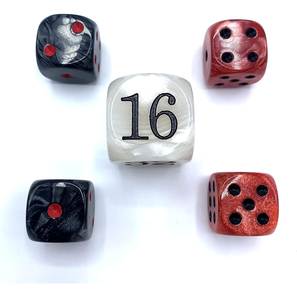 Luck Lab Backgammon Pearl Dice Set - 22mm Double Cube + 4 x 16mm Dice with Bonus Bag Red/White Marvel