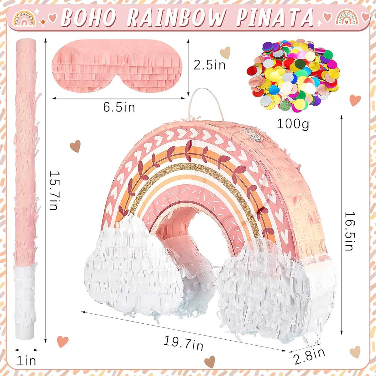 Boho Rainbow Pinata Summer Pinata Boho Rainbow Party Decorations Rainbow and Clouds Pinata with Blindfold Bat and Confetti for Kids Birthday Boho Party Decoration Supplies