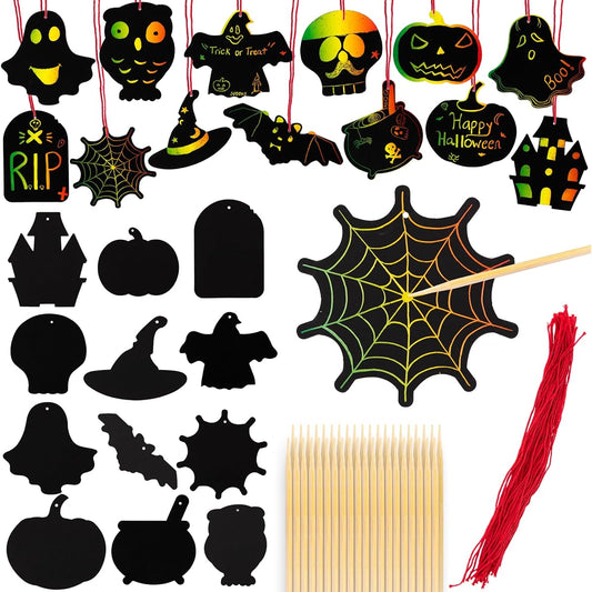 ArtCreativity Halloween Scratch Art for Kids - Scratch Paper 60 Sets - Halloween Crafts (Bulk) 60 Designs 60 Pieces 60 Pieces Red String - Scratch Art Party Favors for Kids Classroom
