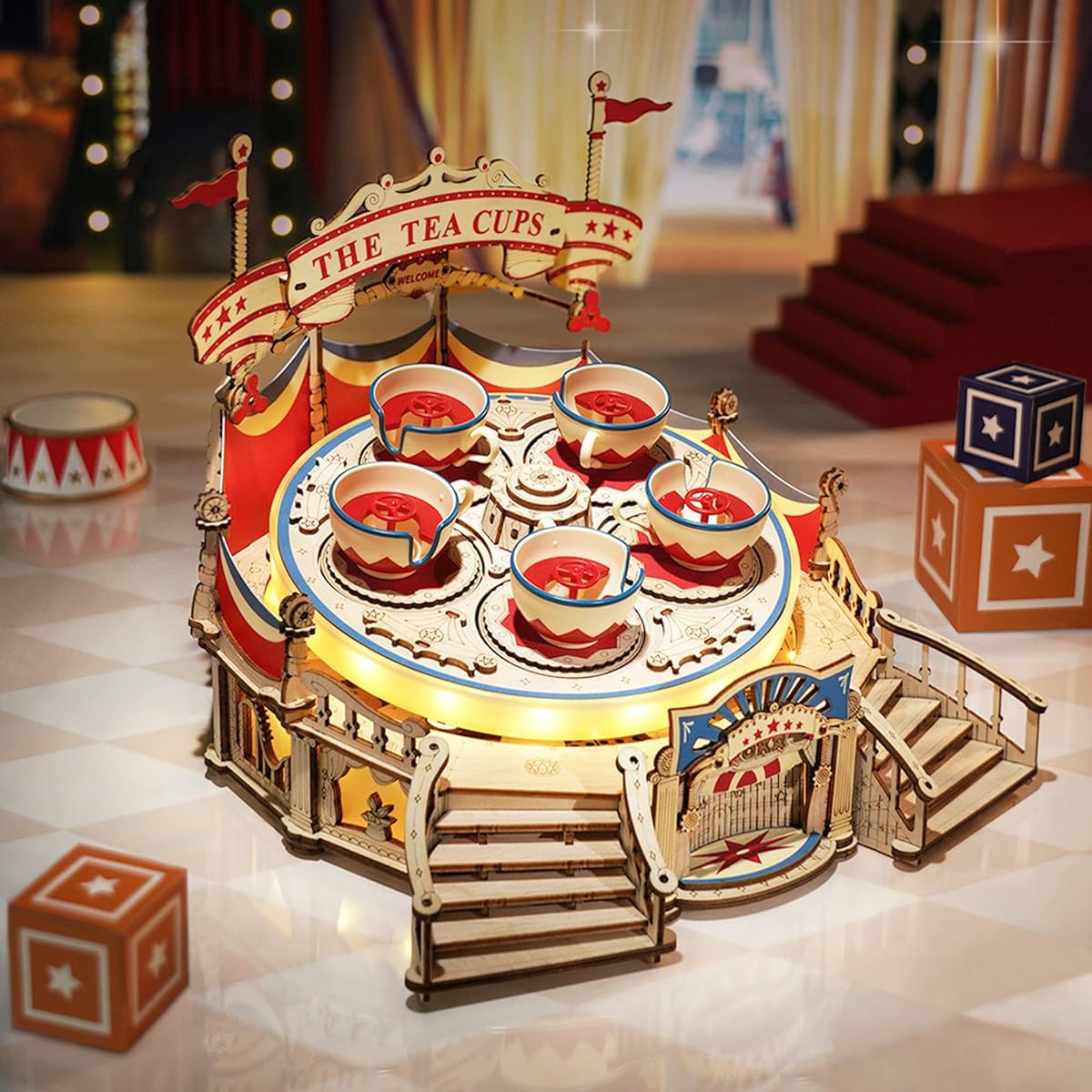 Wowood Model Kit 3D Puzzle for Adults Spinning Rotating Tea Cup Mechanical Music Box with LED Lights DIY Crafts/Hobbies/Gifts for Adults/Teens/Boys/Girls (Spinning Tea Cup)