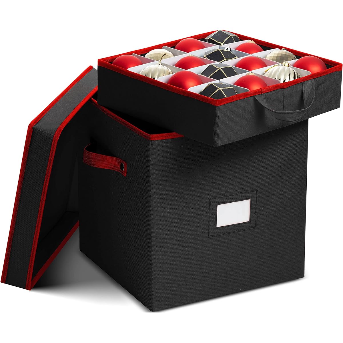 Premium Christmas Ornament Storage Box with Lid, 3-Inch Compartment, Holds 64 Holiday Ornaments and Christmas Accessories, Made of Tear-Resistant 600D Oxford Fabric