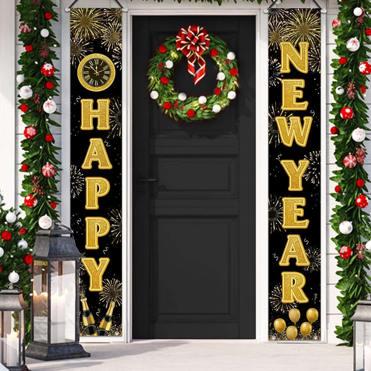 Fzbali Golden Happy New Year Porch Banner Sign Christmas Holiday Front Door Decoration Hanging Welcome Banner Flag Winter Seasonal Christmas Party Decoration Home Outdoor Garden Decor