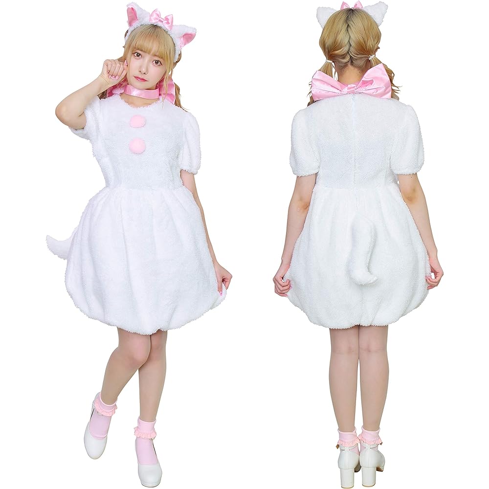 Clearstone Fluffy Animal Cosplay Halloween Ribbon Cat Cat Black Cat Fluffy Women's White Costume Fancy Dress Costume