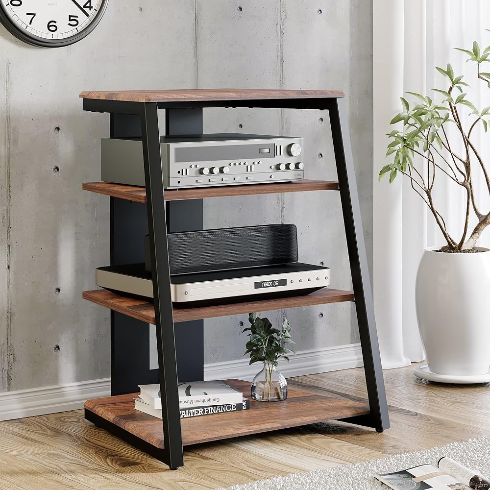 FITUEYES Audio Rack Interior Trapezoid Woodgrain Finish Shelf AV Rack Steel Frame Back Wiring Pitch Adjustable Walnut + Black F07F4061L