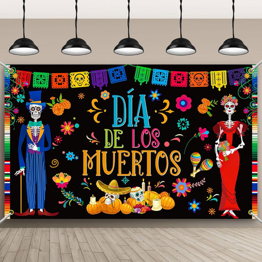 5.9 x 3.6ft Day of the Dead Banner Backdrop Fabric Dia De Los Muertos Decor Mexican Fiesta Sugar Skull and Colorful Flowers Pattern on 19.7ft Rope Halloween Birthday Party Decorations