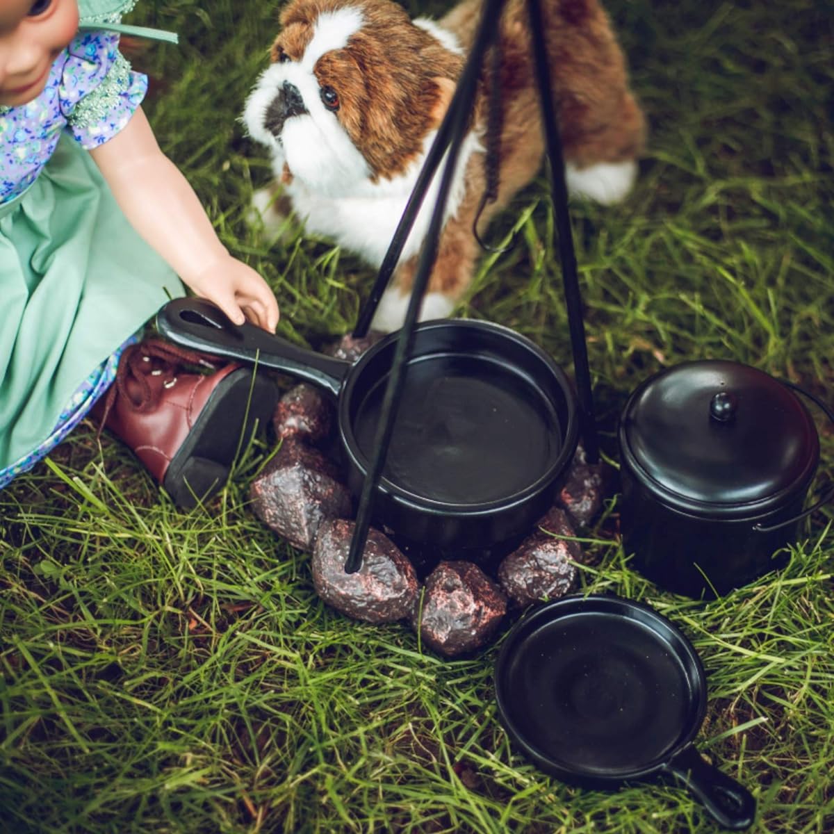 Little House on the Prairie Cooking Set with Fire Pit, Cauldron, Tripod, Skillet, Spider Fryer, Wooden Spoon, Accessories Fits 18" American Girl Doll