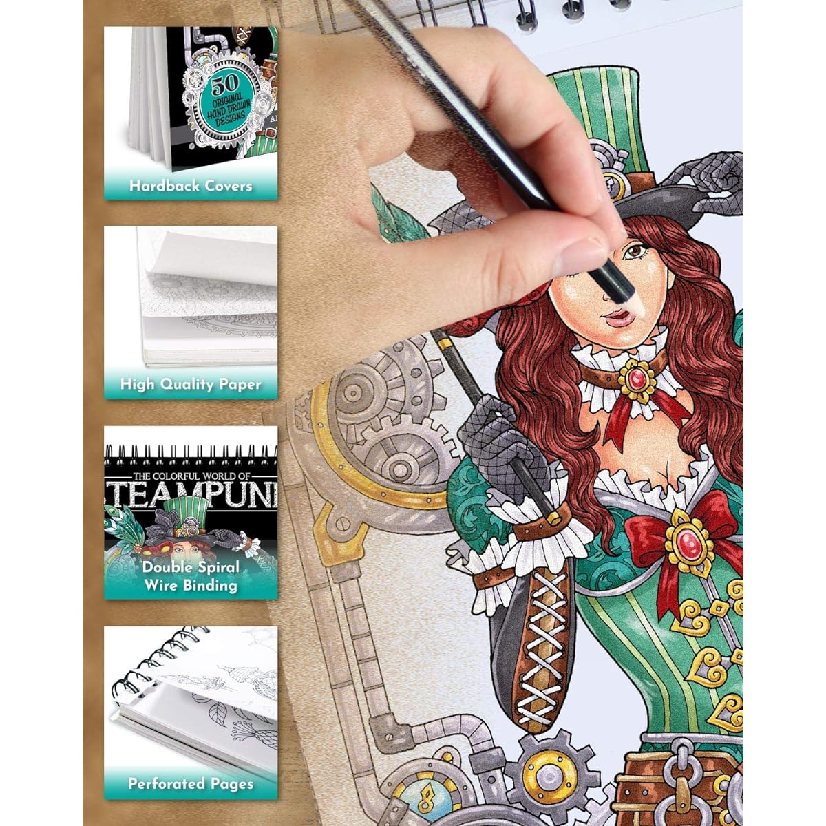 ColorIt Colorful World of Steampunk Adult Coloring Book - 50 Single-Sided Designs, Thick, Smooth Paper, Hardback Cover that Lies Flat, Spiral Bound, USA Printed, Steampunk-Inspired Pages