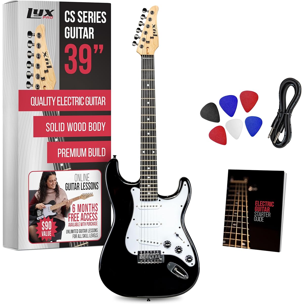 LyxPro CS 39" Electric Guitar Stratocaster Kit for Beginners/Intermediate/Pro Players Includes Guitar, Amplifier Cable, 6 Picks & Learner's Guide | Solid Wood Body Volume/Tone Control 5-Way Pickup - Black